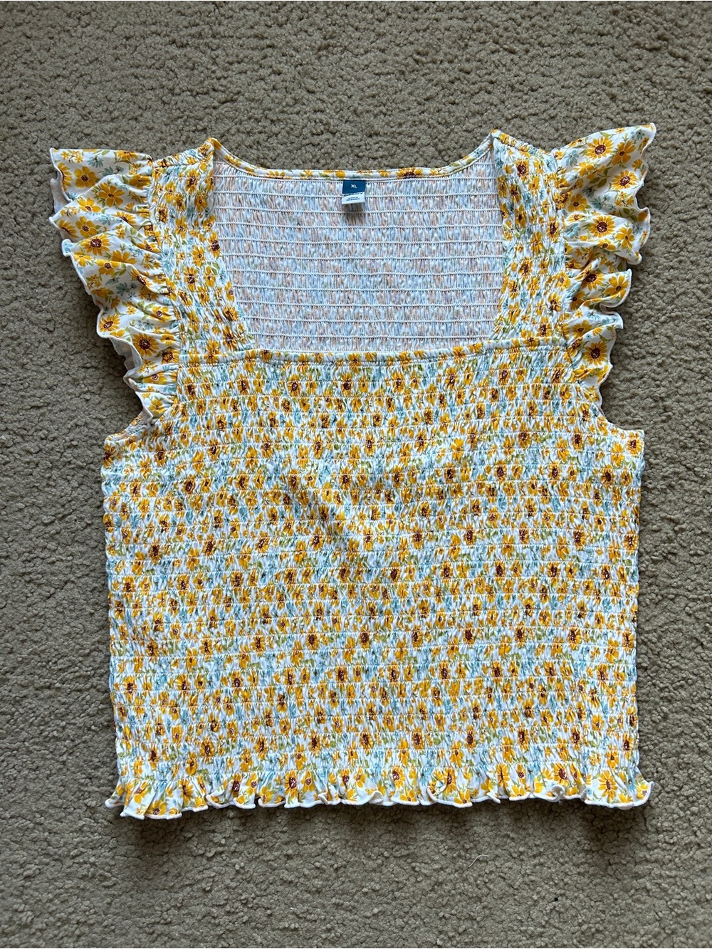 Smocked Yellow Floral Ruffle Sleeve Women's Top